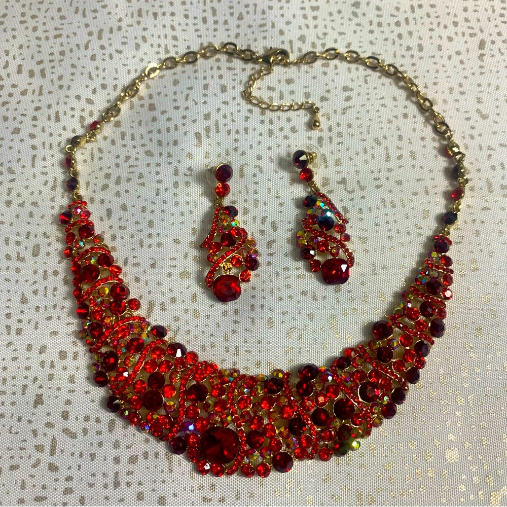 Red Rhinestones Statement Necklace and Earrings Set Fancy Gold Plated Jewelry